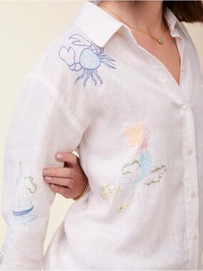Spartina 449 Cream Linen Embroidered Seaside Shirt
